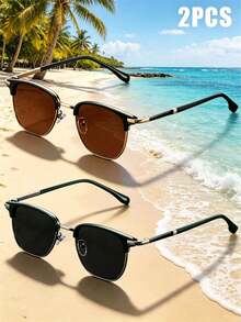 FIYLROG 2 Pairs Unisex Multi-Function Line Design Sunglasses, UV400 Protection, Classic Fashion Style For Daily Wear - Black Film + Tea Film - View 6