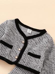 Girls French Style Tweed Short Cardigan & A-Line Pinafore Dress 2 Pieces Set, Party Casual, Spring/Autumn - Pink - View 3