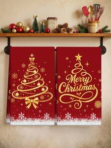 2件組聖誕紅金配色餐巾布，印有Merry Christmas文字與聖誕樹雪花圖案，紅底聖誕手巾，浴室毛巾，廚房清潔布，聖誕毛圈布，聖誕裝飾，聖誕節裝飾，假期派對餐桌裝飾，廚房與浴室裝飾，冬季居家裝飾，聖誕禮物 - 彩色 - 查看 4