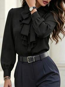 Blus Lengan Panjang Wanita Ukuran Plus Elegan dengan Desain Pita Berkerut, Warna Polos, Penutup Kancing Depan, Cocok untuk Beraktivitas dan Pakaian Kasual, Kemeja Kasual | Blus Elegan - Hitam - View 1