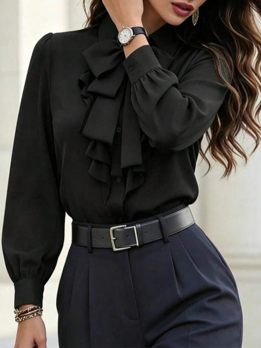 Blus Lengan Panjang Wanita Ukuran Plus Elegan dengan Desain Pita Berkerut, Warna Polos, Penutup Kancing Depan, Cocok untuk Beraktivitas dan Pakaian Kasual, Kemeja Kasual | Blus Elegan - Hitam - View 1