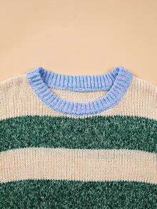 Acelitt Women's Green And White Striped Pullover Sweater, Ribbed Trim Knit Long Sleeve Regular Fit Top, Suitable For Autumn/Winter Wear Fall - Multicolor - View 6