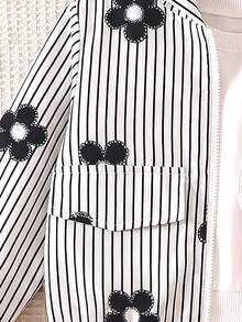 Girls' Casual Fashion Striped & Floral Print Faux Pocket Design Hooded Long Sleeve Zip-Up Jacket, Short Lightweight Jacket For Spring & Autumn - Black and White - View 5