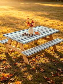 3 Pieces Picnic Tablecloth Set With Bench Cover, Elastic Edge Design, Striped Pattern, Washable Rectangular Tablecloth, Suitable For Weddings, Camping, Picnics, Garden Parties And More, Practical Essential - C - View 10