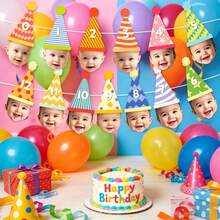 1 Set,Babe Monthly Milestone DIY Photo Banner,Colorful Party Hat Number 0‑12 DIY String Garland Kit,Custom Photo‑Insert Bunting For Babe 1st Birthday,Monthly BabyShower Party Hanging Decor Supplies - A - View 3