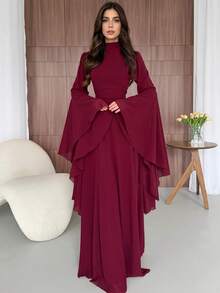 Women's Solid Color Bell Sleeve Elegant Party Occasion Long Dress - Burgundy - View 4