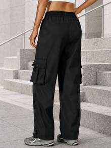 GRIM PANDA Women Fall Cargo Pants Adjustable Drawstring Waist Functional Pockets Adjustable Cuffs Wide Leg Casual Hiking Travel Outdoor Sports Black - Black - View 2