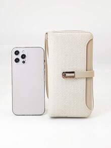 Women's Mini Handheld Phone Wallet, Exquisite Snap Closure, Colorblock Patchwork, Soft PU Long Wallet, Multi-Functional Large Capacity Card Holder, Zipper Coin Purse, Lightweight And Fashionable - Beige - View 6