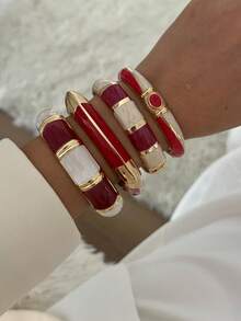 French Vintage Color-Block Drip Glaze Snap Bracelet, Gold-Trimmed Enamel Open Cuff, Luxury Layering Jewelry, High-End Color-Block Enamel C-Shaped Bangle - Multicolor - View 7