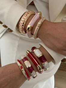 French Vintage Color-Block Drip Glaze Snap Bracelet, Gold-Trimmed Enamel Open Cuff, Luxury Layering Jewelry, High-End Color-Block Enamel C-Shaped Bangle - Multicolor - View 3