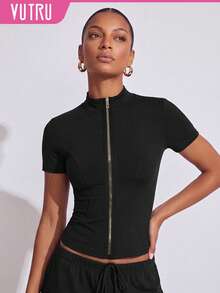 VUTRU 1pc Women's Fitted Short Sleeve Sports Jacket With Zipper Stand Collar, Running And Fitness Black - Black - View 1