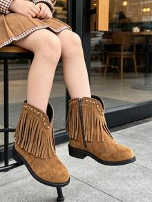 1 Pair Kids Western Style Fringe Ankle Boots, Rivet Decor Side Zipper Cowboy Boots, Children's Outfit Boots For Travel And Holiday Party Looks - Brown - View 3