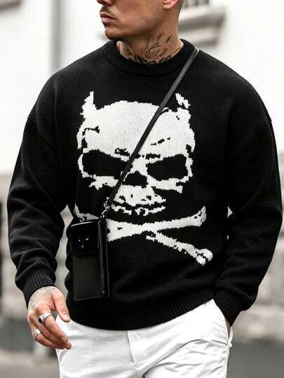 Personalized Skull Large Pattern Crew Neck Sweater Men's Black & White Contrast Jacquard Loose Drop Shoulder Knit Pullover Casual Top Autumn/Winter