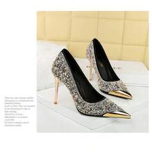 Black Glitter Rhinestone Pointed Toe High Heels for Women, Metal Tip Stiletto Pumps, Slip‑on Sparkly Dress Shoes for Wedding Prom Evening Party - Negro - Ver 4