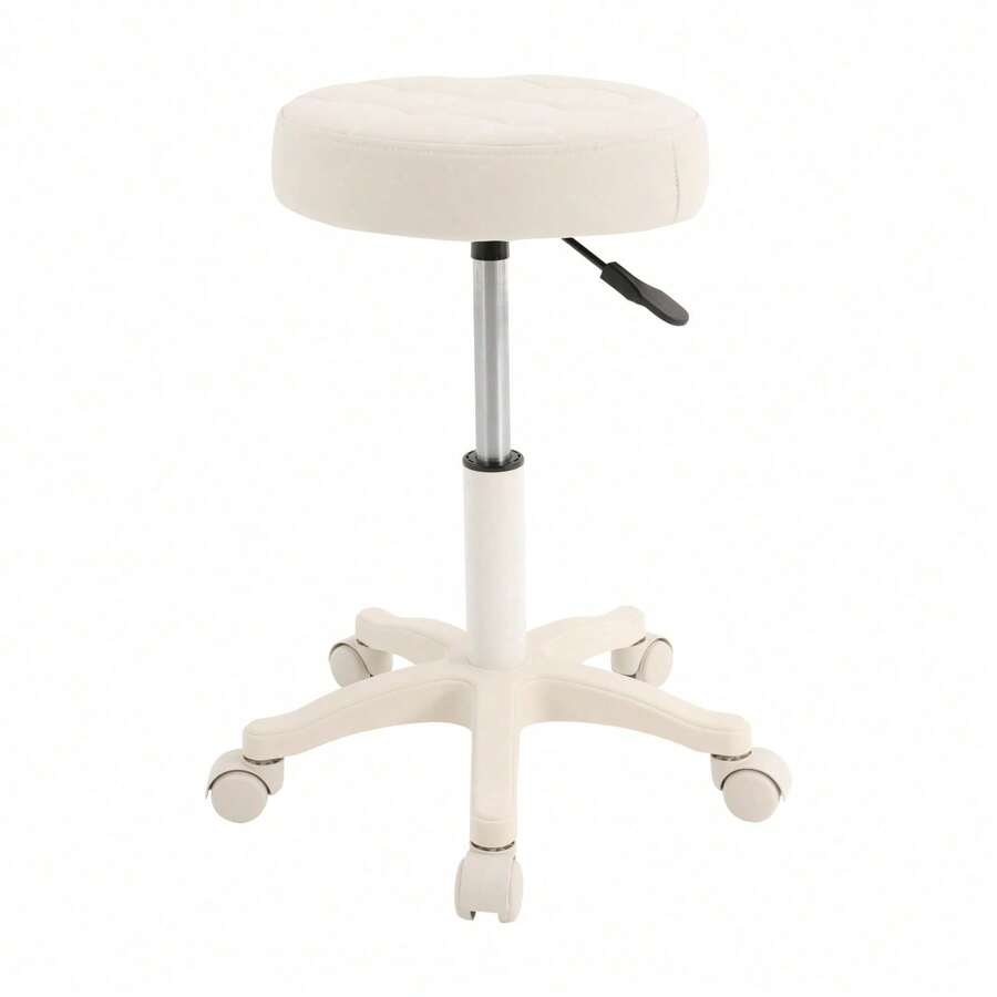 Height Adjustable PU Leather Round Rolling Stool With Wheels, Swivel Salon Spa Home Office Stool, White - White - View 1