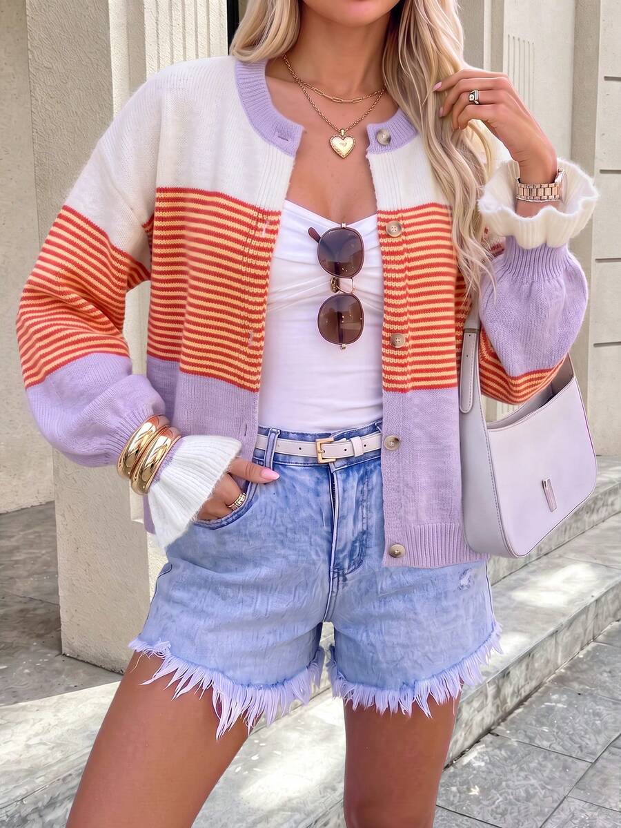 Cardigan Wanita Vintage Bergaris Leher Bulat Lengan Panjang, Manset Berkerut, Detail Kancing, Potongan Pendek, Sempurna untuk Pakaian Musim Gugur/Musim Dingin. Musim Gugur - MultiWarna - View 1