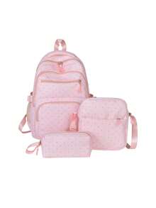 College Style Multi Layered Gentle Wave Point Backpack Three Pieces Set, Relaxed And Simple Versatile Fashionable Backpack Set, Suitable For Campus - Multicolor - View 7