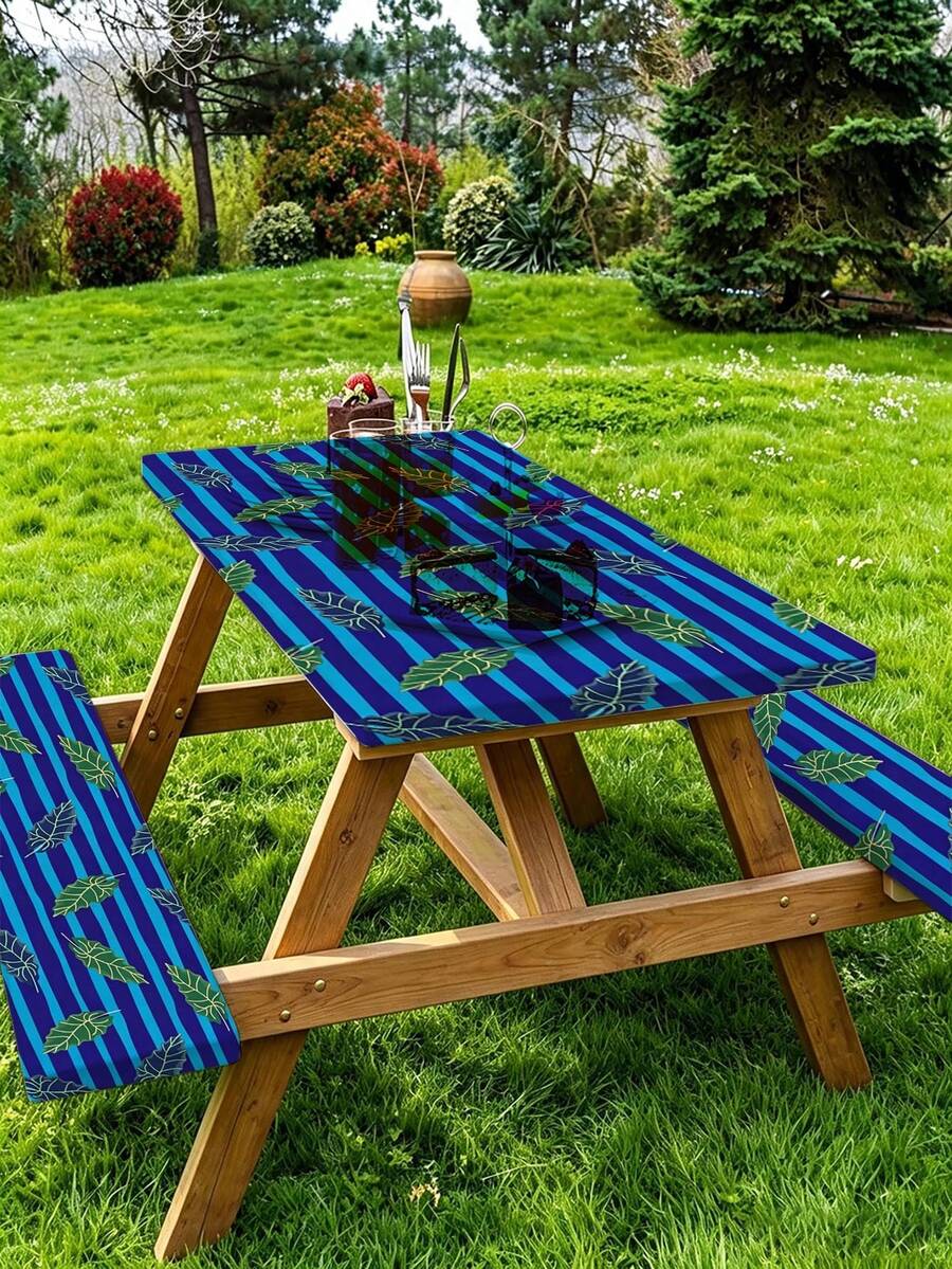 3 PiecesPicnic Tablecloth Set With Bench Cover, Elastic Edge Design, Line And Floral Pattern, Matching Pattern, Washable Rectangular Tablecloth, Suitable For Weddings, Camping, Picnics, Garden Parties And Other Occasions, Practical Essential - D - View 1