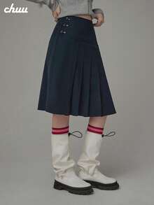 CHUU Women's Autumn Embroidered Letter Zipper A-Line Pleated Skirt With Multiple Buttons - Navy Blue - View 1