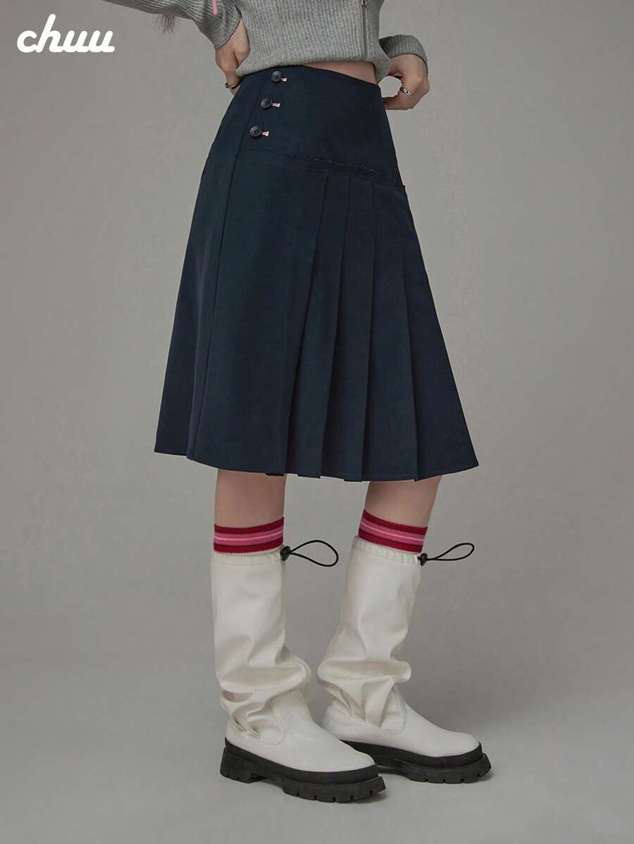 CHUU Women's Autumn Embroidered Letter Zipper A-Line Pleated Skirt With Multiple Buttons - Navy Blue - View 1