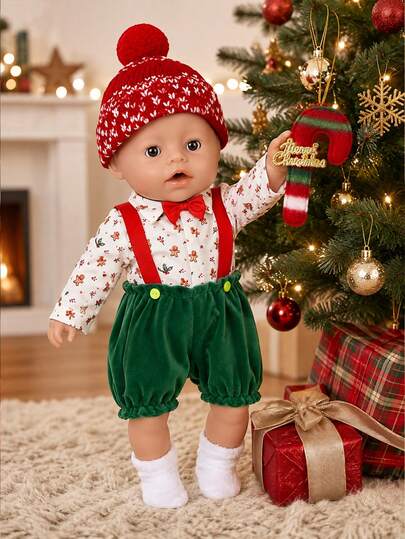 4pcs 16-18in Children Doll Christmas Gingerbread Man Outfit Set, Jacquard Knit Pom Pom Hat, Gingerbread Print Bow Tie Top, Green Plush Overall Shorts, Plush Socks, Holiday Doll Dress-Up Clothes, Gift For Kids, Reborn Doll, Realistic Doll Clothing, Doll Not Included
