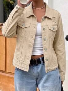 Women's Vintage Washed Denim Shacket, Distressed Detail Design, Short Long Sleeve Shirt Collar Jacket, Autumn Fashion Choice Casual - Khaki - View 2