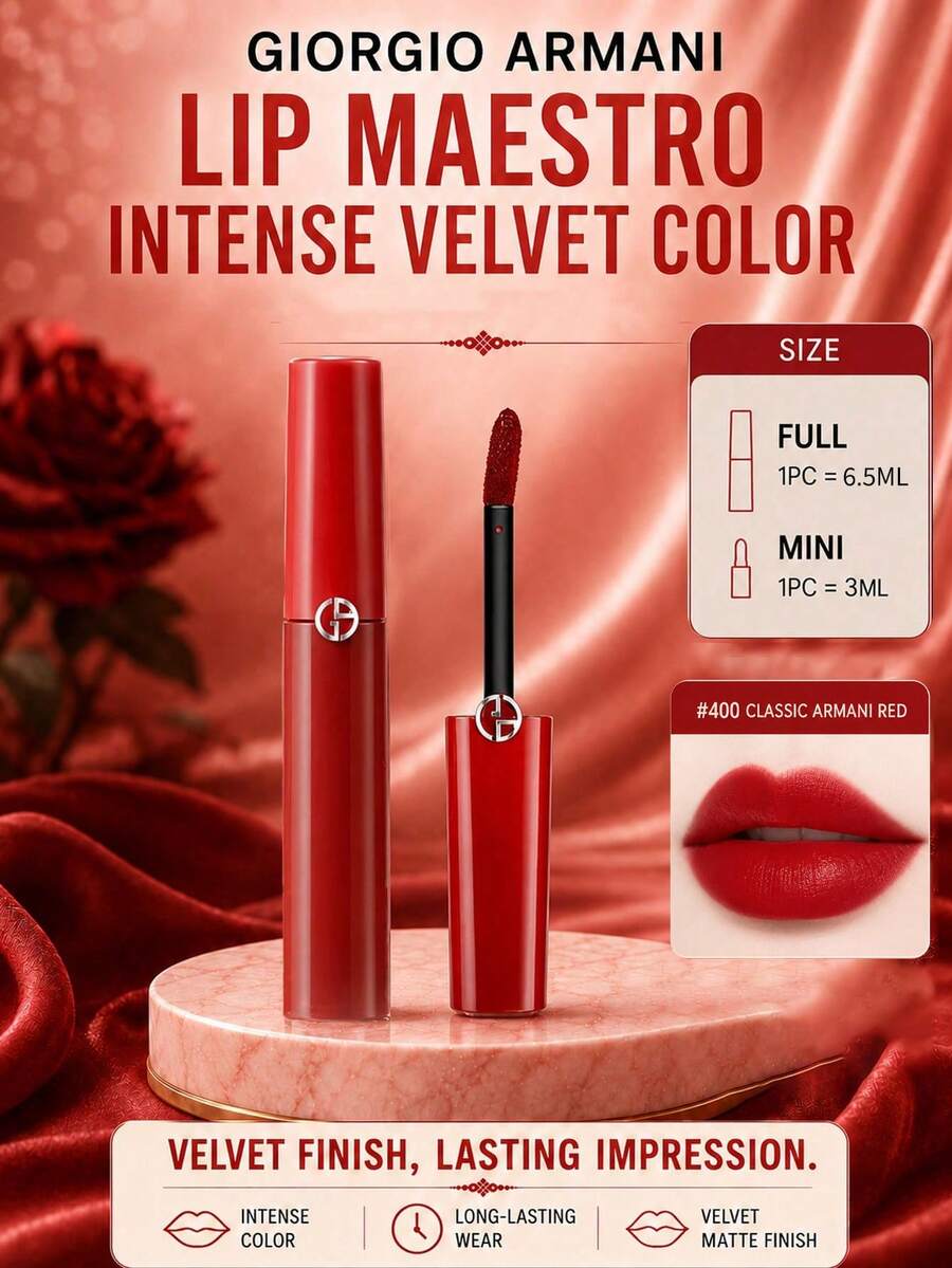 Giorgio Armani Armani 紅管絲絨唇釉 #400，6.5ml 正裝 / 3ml 試用裝，高顯色、持久、不黏膩、滋潤，情人節禮物