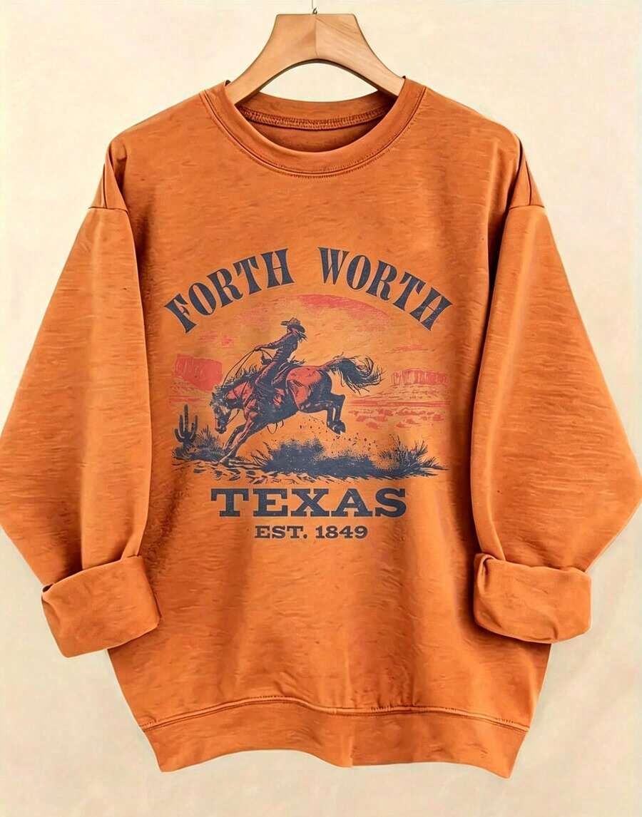 Women's Western Style Fort WorthTexasEST1849CowboyPatternHoodieSoftCrewNeckPulloverWith Cactus And Longhorn DesignComfortableCasualLongSleeve Sweater - 橙色3 - 查看 1