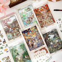 Ancient Style Miniature Landscape Scene Sticker Collection Book, Includes 24 PET Stickers And 12 Scene White Cards, Waterproof Self-Adhesive Ancient Style Cat Scene Collage Materials, Suitable For Scrapbooking, DIY Greeting Cards, Guka, Photo Frame Decoration, Stress Relief For Scrapbook Enthusiasts - Tanuki Spring Mountain Vintage Scenery Sticker Book - View 6