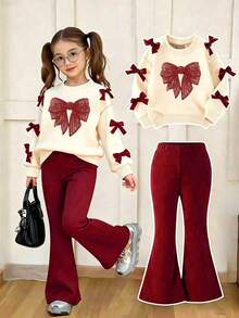 Tween Girl Bow Print Crew Neck Sweatshirt And Flare Pants - Apricot - View 1