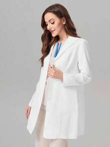 White Fashionable Lapel Large Pocket Lab Coat, Autumn - White - View 8