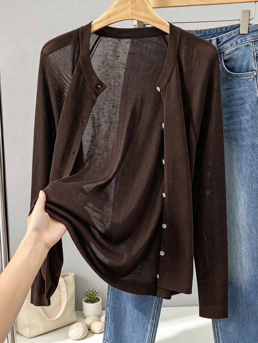 GIGOGOU 大尺碼 1XL-4XL 女款春夏薄款針織開襟衫,輕便休閒長袖鏤空外套 - 咖啡棕 - 查看 1