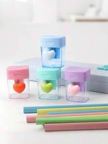 4pcs/Set Single Hole Rotating Handheld Pencil Sharpener, Macaron Color Cute Heart-Shaped Cartoon Design, Transparent With Lid, Portable Pocket Pencil Sharpener, Suitable For Children And Students. Ideal For Classroom Rewards, Student Gifts, Party Favors And Small Souvenirs. Fashionable Creative Stationery, Suitable For Daily School Use (Randomly Shipped) - Multicolor - View 6
