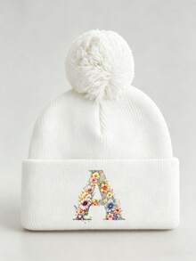 1pc Baby Beanies Boy Girls White Pom-Pom Cap With A-Z Letter Colorful Floral Hat For Boys And Girls Ages 0-8Y, For Hat Accessories Winter Warm Hat - Multicolor - View 57