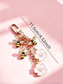 Enamel Bee & Flower Keychain, Gold-Plated Rhinestone Bag Charm Pendant, Women's Car Key Ring, Pastoral Style Decorative Accessory. Sweet Garden Style Key Ring, Women & Girls Gift Accessory. Gift For Women, Birthday, Holiday Gift. - Multicolor - View 4