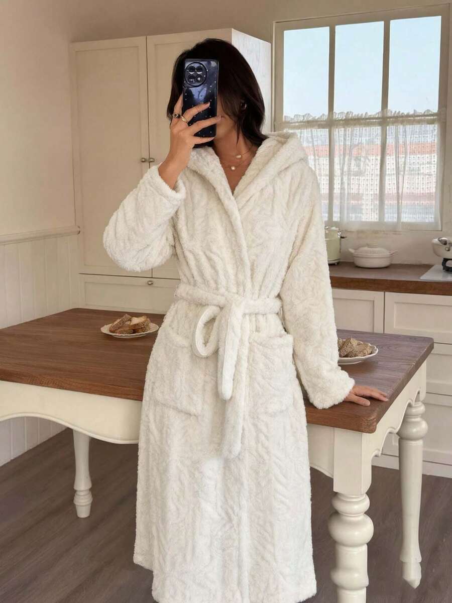 Autumn/Winter Thickened Jacquard Hooded Robe, Warm Coral Fleece Bathrobe With Belt And Pockets, Home Sleepwear - White - View 1