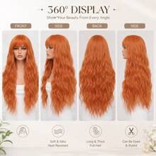 Orange Wig With Bangs, Ginger Yellow Wig, 28 Inch Long Curly Wavy Orange Hair Wig For Women, Natural Look Synthetic Fiber Heat Resistant, Halloween Wig, Daily Party Use - Multicolor - View 3