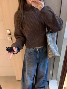 Women's Minimalist Commuter Style Warm High Neck Sweater, Autumn/Winter Fall - Coffee - View 4