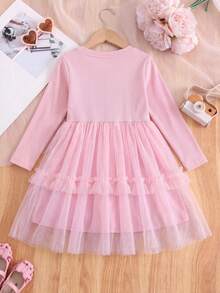 Little Girl Pink Tulle Dress With Ruffle Layered Skirt Design, Cute Pattern Decoration, Long Sleeve Knitted Princess Dress, Children's Daily And Party Wear - Pink - View 3