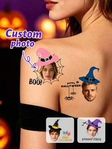 12-300pcs Custom Photo Temporary Tattoo, Personalized Halloween Portrait Fake Tattoo, Spooky Witch Spider Web Style, Customized Face Tattoo Sticker, Customizable Picture Design, Halloween Party Favor, Costume Party Accessory, Unique Holiday Gift - Rust - View 2