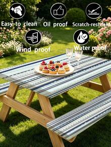 3 Pieces Picnic Tablecloth Set With Bench Cover, Elastic Edge Design, Striped Pattern, Washable Rectangular Tablecloth, Suitable For Weddings, Camping, Picnics, Garden Parties And More, Practical Essential - C - View 9