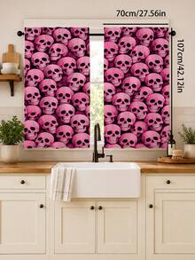 2PCS, Pink Skull Print Curtains, Dark Sweet Cool Style, Halloween Party Home Decor Fabric Curtains - Multicolor - View 11