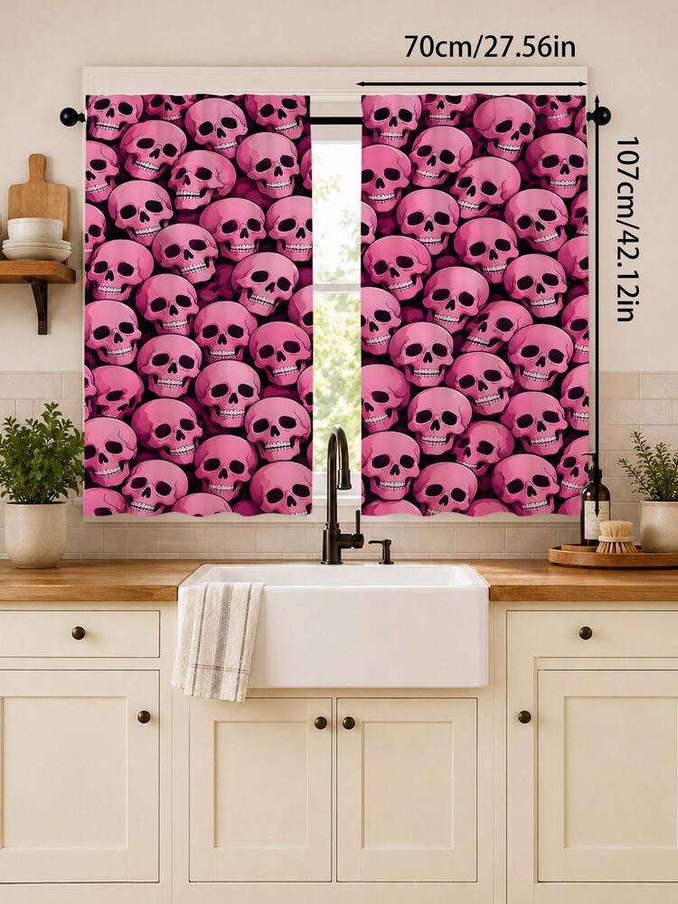 2PCS, Pink Skull Print Curtains, Dark Sweet Cool Style, Halloween Party Home Decor Fabric Curtains - Multicolor - View 11