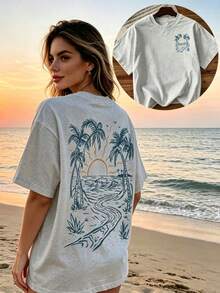 Letter Print T Shirt Women, Casual Loose Fit Round Neck Short Sleeve T-Shirt, Summer Graphic Tee, Basic Slogan Top, Everyday Wear, Women's Casual Tee - 灰色 - 查看 3