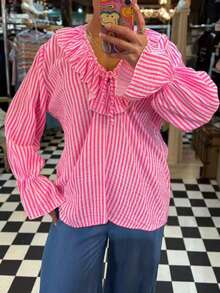 Blus Wanita Baru dengan Motif Garis-Garis dan Rumbai/Ruffle, Atasan Baru untuk Liburan Pantai Musim Gugur/Dingin Warna Pink - Berwarna merah muda - View 3