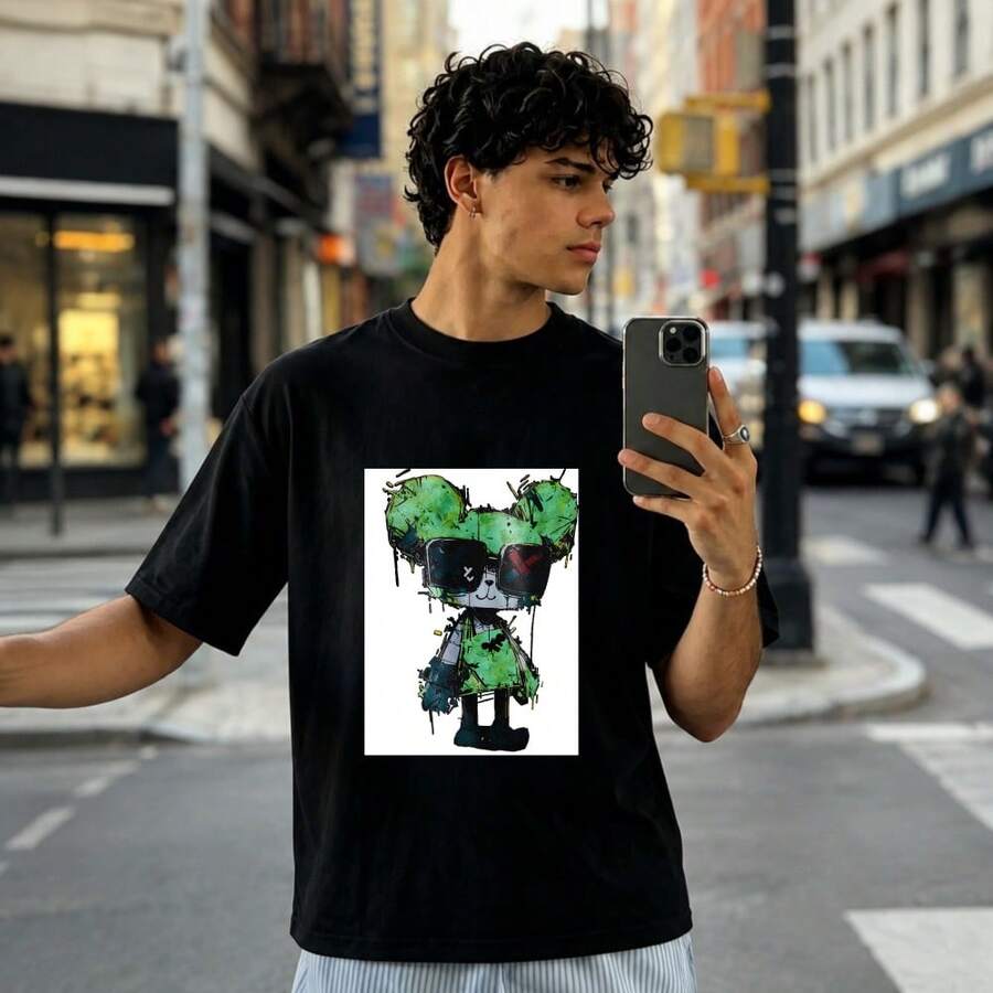Y2K Unisex Loose Fit Short Sleeve Cotton Tee, Blank Custom Pattern Printing, Street Style Daily Casual Wear Fits All Body Shapes - 小 PPP - 查看 1