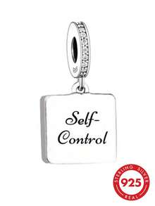 1件 S925 純銀正方形吊墜飾件，鑲嵌鋯石，刻有「Self-Control」勵志標語，穿孔正方形珠子，適用 DIY 手鍊 - 銀色 - 查看 2
