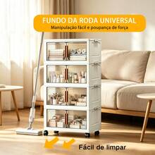 Armário Organizador Dobrável de 4 Camadas, Largura 48cm Branco Creme, Portas Semitransparentes à Prova de Poeira, Empilhável com Travas Laterais, Rodinhas 360° com Trava, Ideal para Apartamento Pequeno, Quarto, Cozinha e Sala L - Bege - Visão 1