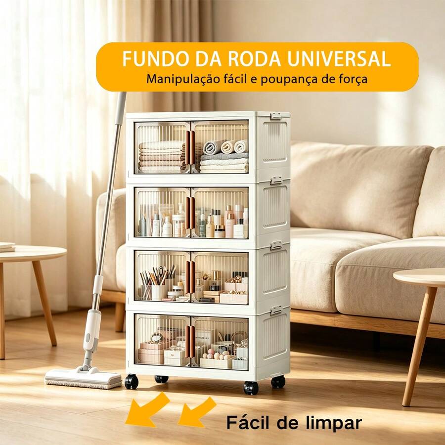 Armário Organizador Dobrável de 4 Camadas, Largura 48cm Branco Creme, Portas Semitransparentes à Prova de Poeira, Empilhável com Travas Laterais, Rodinhas 360° com Trava, Ideal para Apartamento Pequeno, Quarto, Cozinha e Sala L - Bege - Visão 1