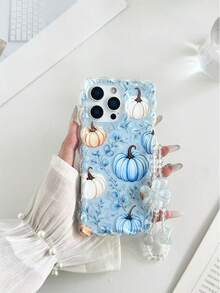 Pumpkin Painted Twisted Wavy Edge Transparent Phone Case With Attached Bracelet, Flat Print, Anti-Drop, Fashionable Cute, Suitable For IPhone 17/17 Pro/17 Pro Max/16/16 Pro/16 Pro Max/16 Plus/14/15/P14/P13/P12/P11, Thickened Soft Full Coverage Creative Phone Case - Multicolor - View 3